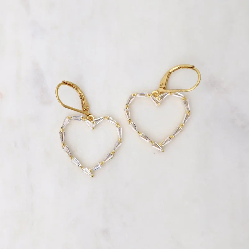 minimalist earrings for women-Gold Crystal Baguette Heart Earrings