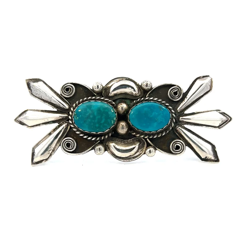 personalized brooches for women-Estate Sterling Silver Oval Turquoise Tablets Sunburst Brooch