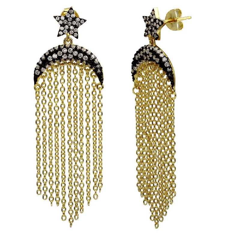 art deco earrings for women-Gold Plated 925 Sterling Silver Moon and Star with Tassel - BGE00580