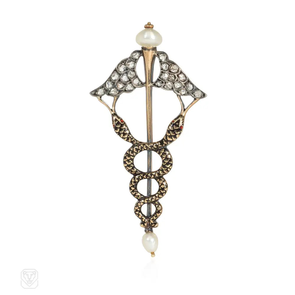 pearl-encrusted brooches for women-Giuliano antique caduceus brooch