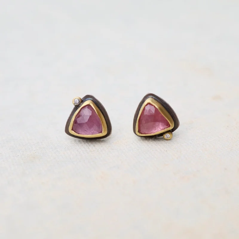 silver drop earrings for women-Trillion Rose Cut Pink Sapphire Stud Earrings